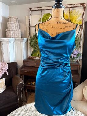 Honey and Rosie Teal Satin Cowl Neck Mini Dress